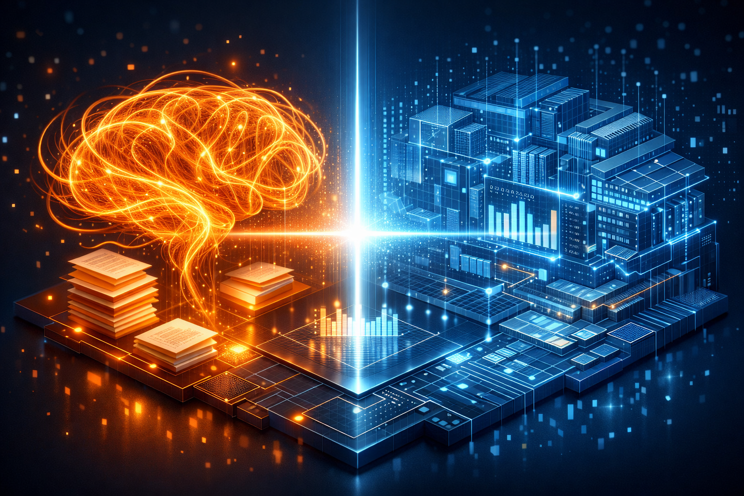 Futuristic 3D comparison between human creativity and AI logic