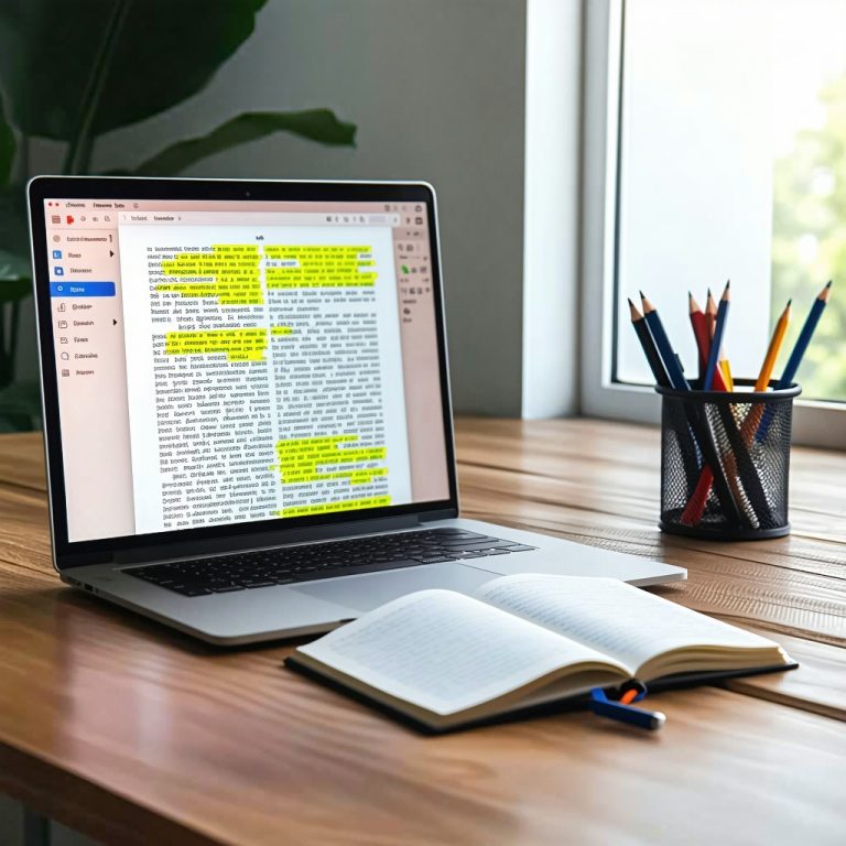 A laptop open on a clean wooden desk showing a text analysis interface with highlighted paragraphs, a notebook beside it, soft natural light from a nearby window.